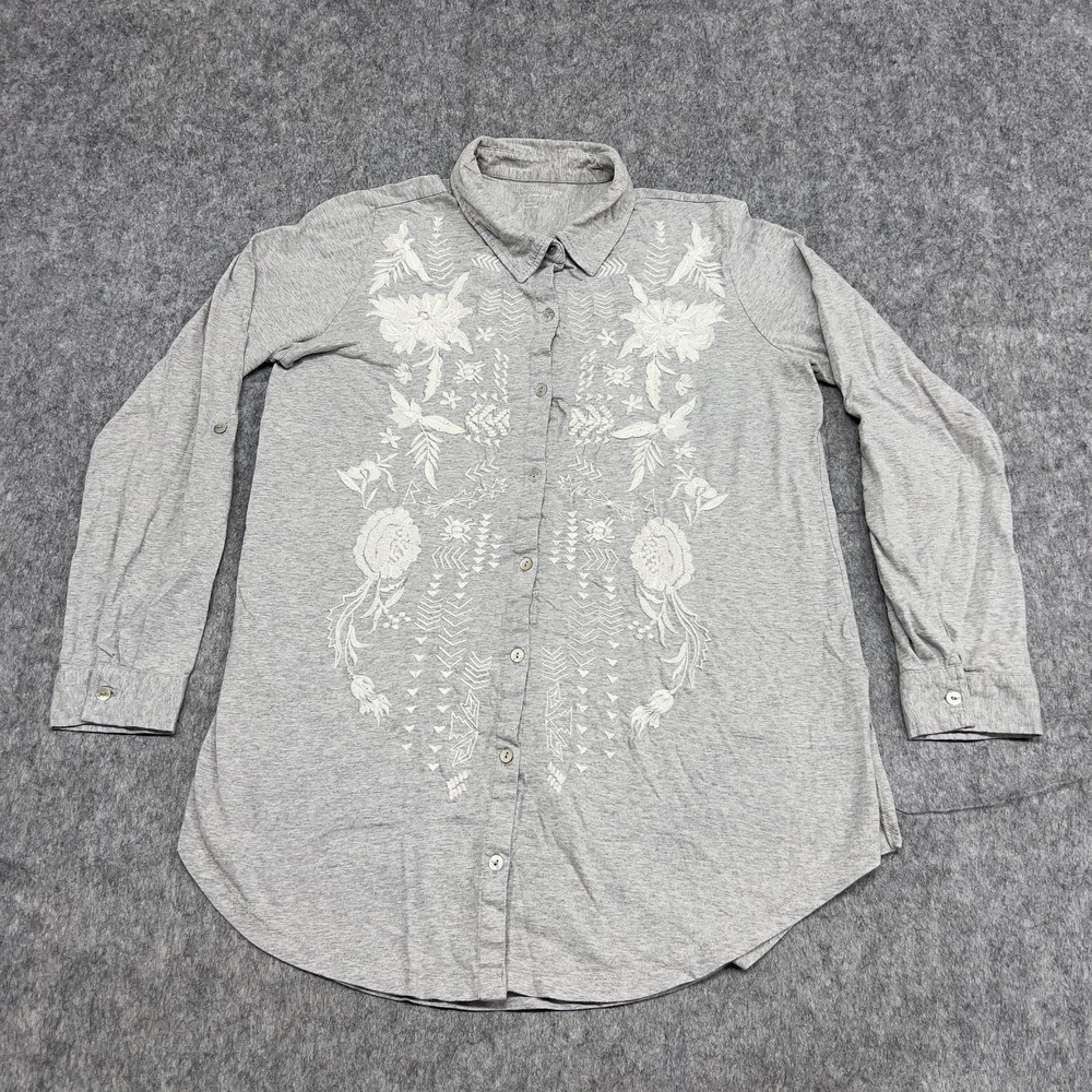 Soft Surroundings Shirt Womens Medium Gray Embroidered Button Up Floral Boho Top